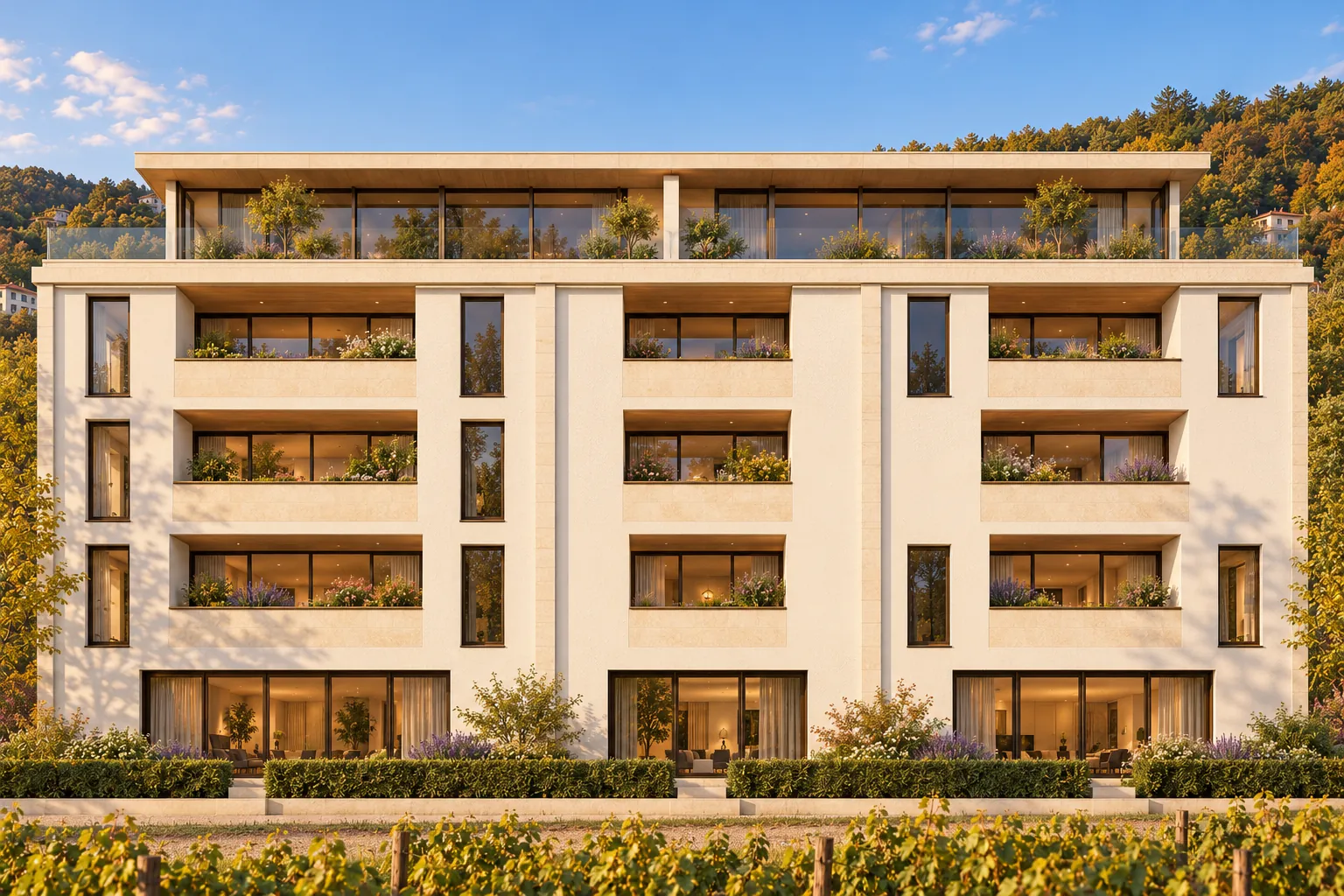 Südfassade der Varnelle mit allen Wohnungen, frontal vom Weg im Weingarten aus — Visualisierung