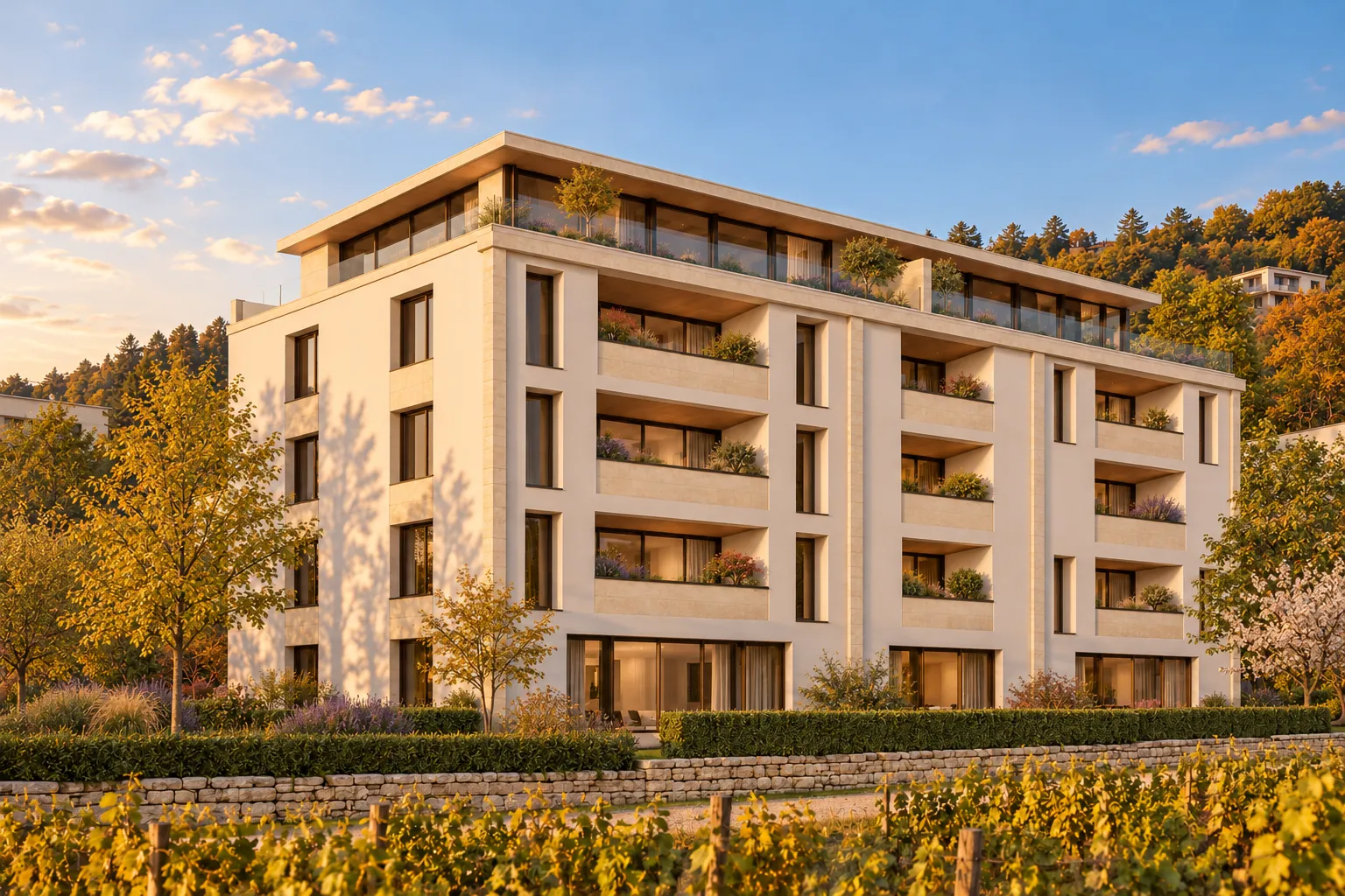 Varnelle im Abendlicht: Stadtvilla mit Kalksteinsockel, Pilastern und eingeschnittenen Loggien über einem Weingarten am Wiener Stadtrand — Visualisierung