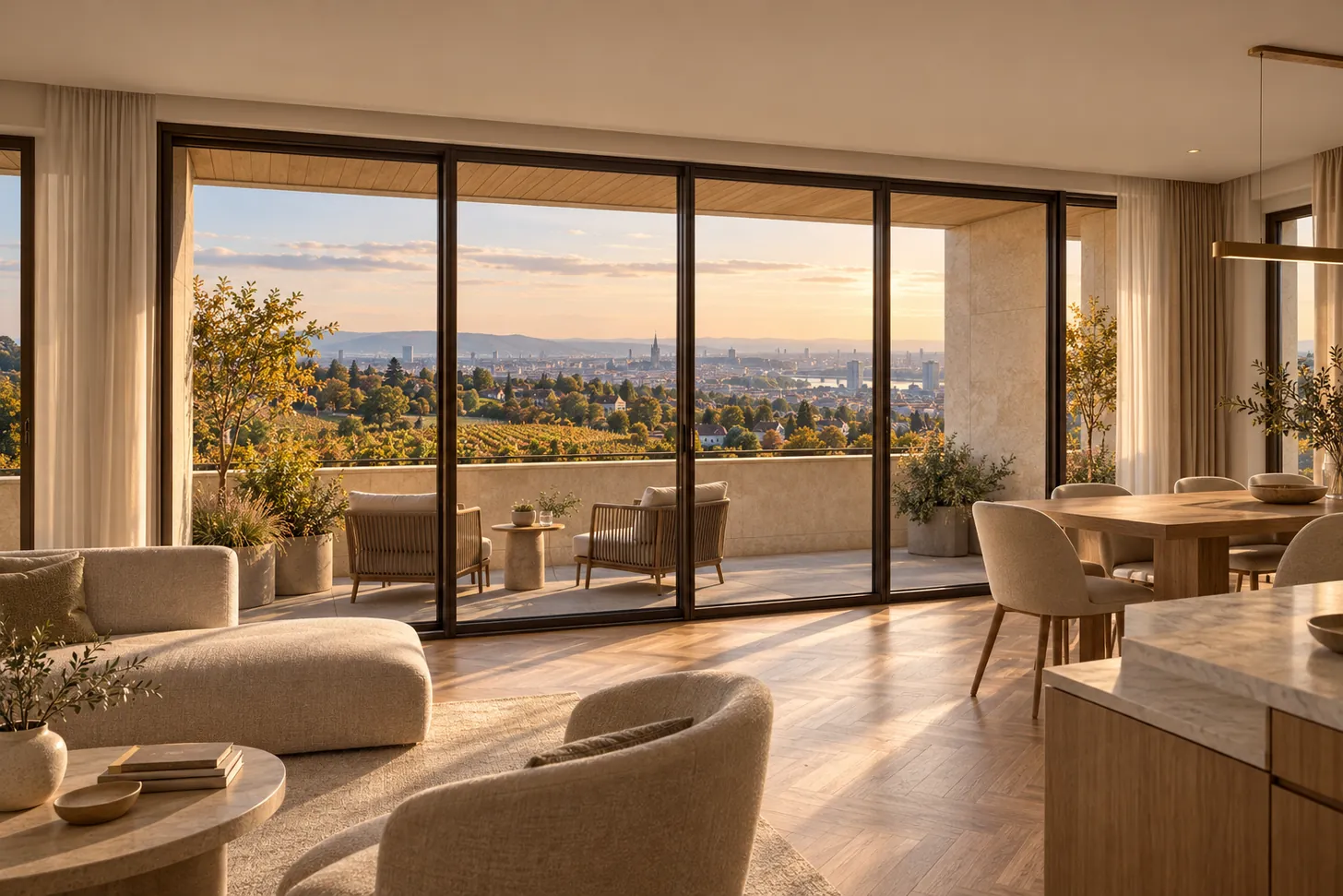 Wohnraum von Top 7 mit raumhoher Verglasung zur Loggia und Blick über die Stadt — Visualisierung