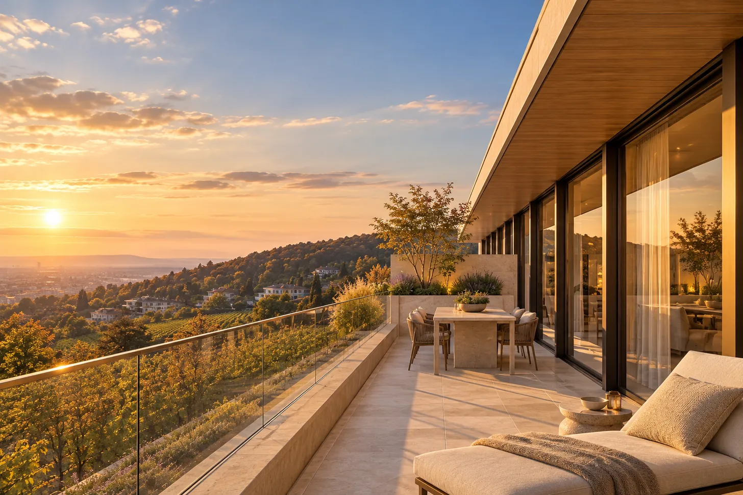 Dachterrasse von Top 14 mit Blick nach Westen über die Weingärten — Visualisierung